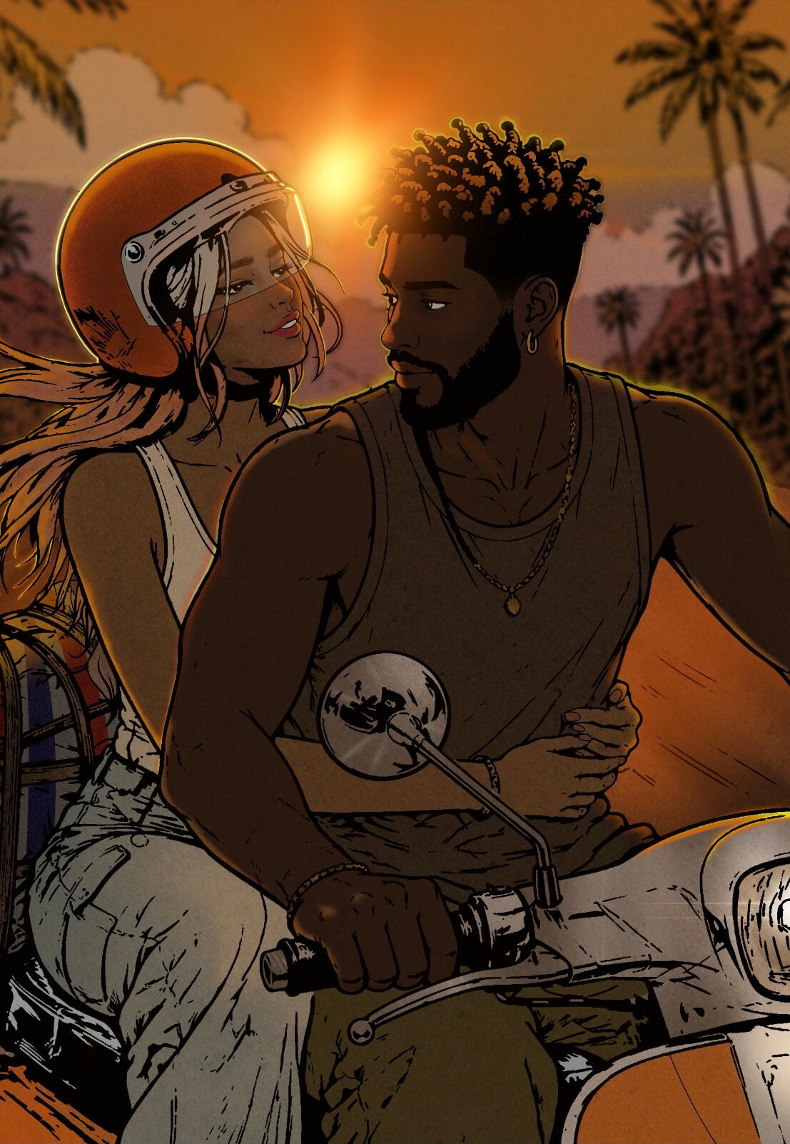 I missed the sunset I Missed the Sunset — illustration from This Time, a book by Lehbie Rae, featuring a couple riding a vintage scooter through a tropical landscape at golden hour, sharing an intimate glance.