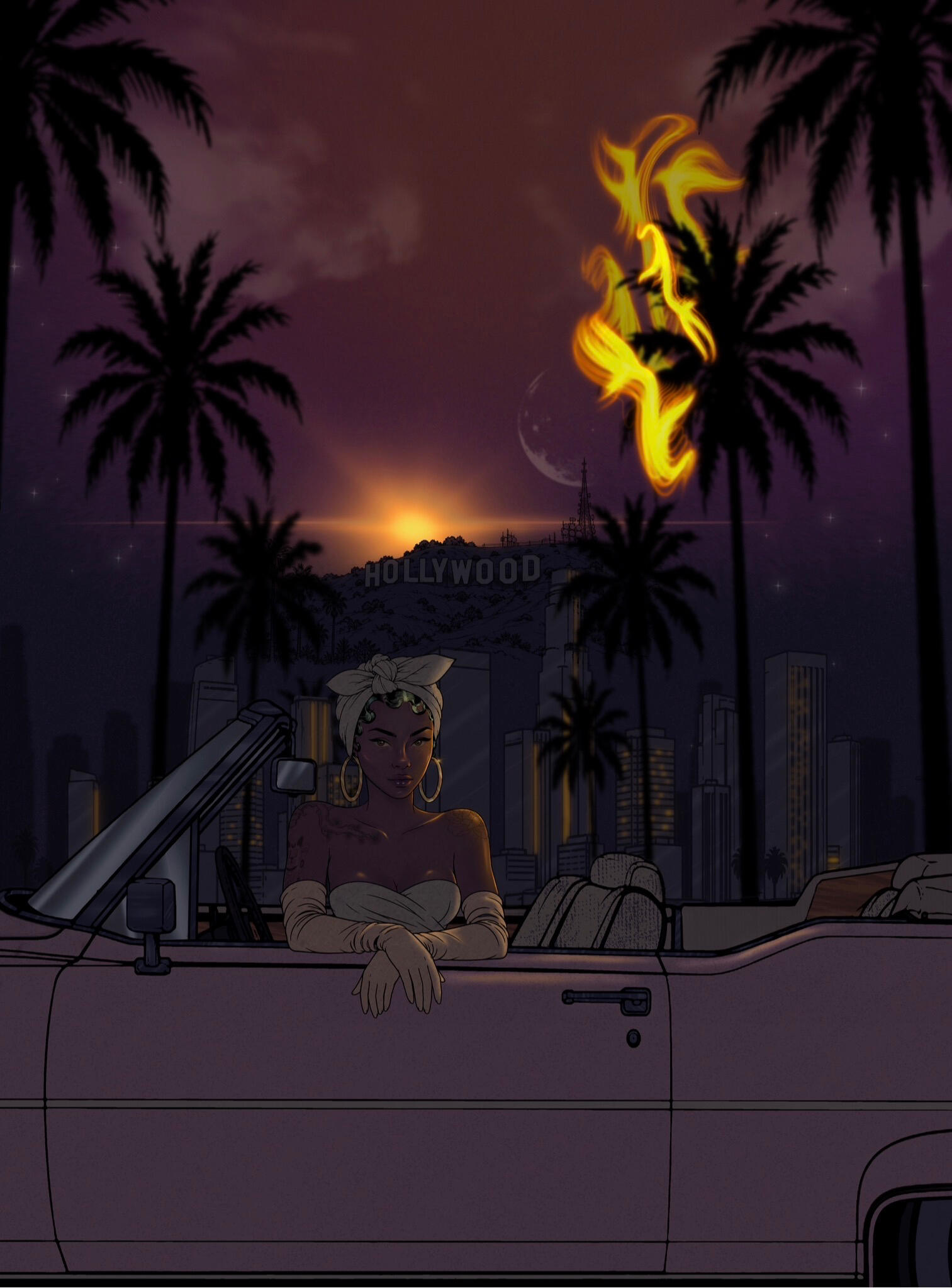 Meet Me in Hollywood — cinematic Los Angeles illustration by Lehbie Rae featuring a Black woman in a vintage convertible Cadillac at night, with palm trees and the Hollywood Sign.
