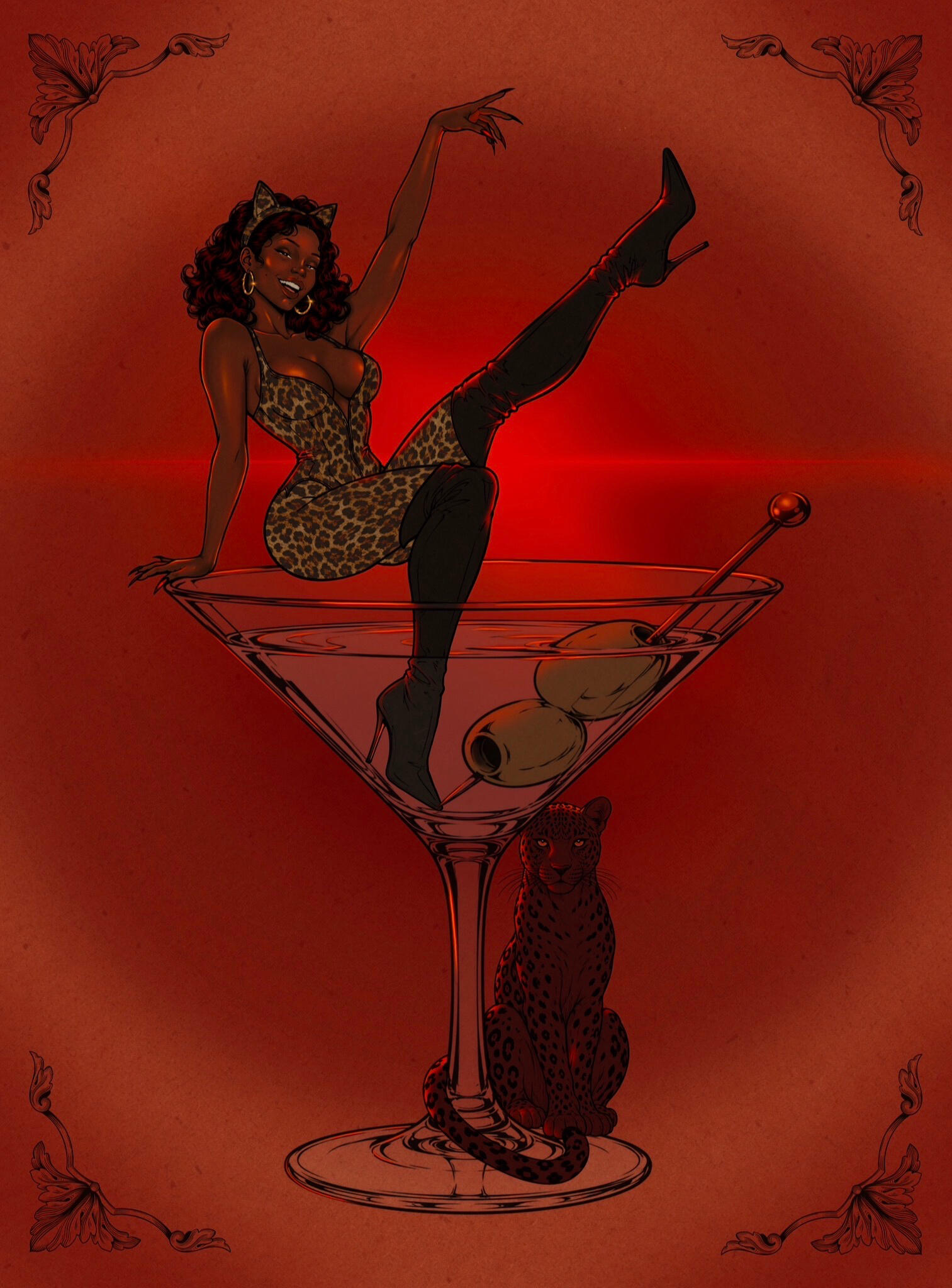 Treats or scratches? Treats or Scratches? — Halloween illustration by Lehbie Rae featuring a Black woman in a leopard catsuit sitting inside a giant martini glass, with a leopard at her feet.